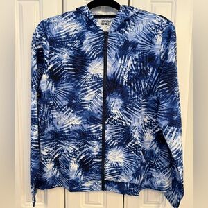 LANDS END FULL ZIP RASHGUARD WITH HOOD DEEP SEA NAVY TIE DYE PALM Size MEDIUM
